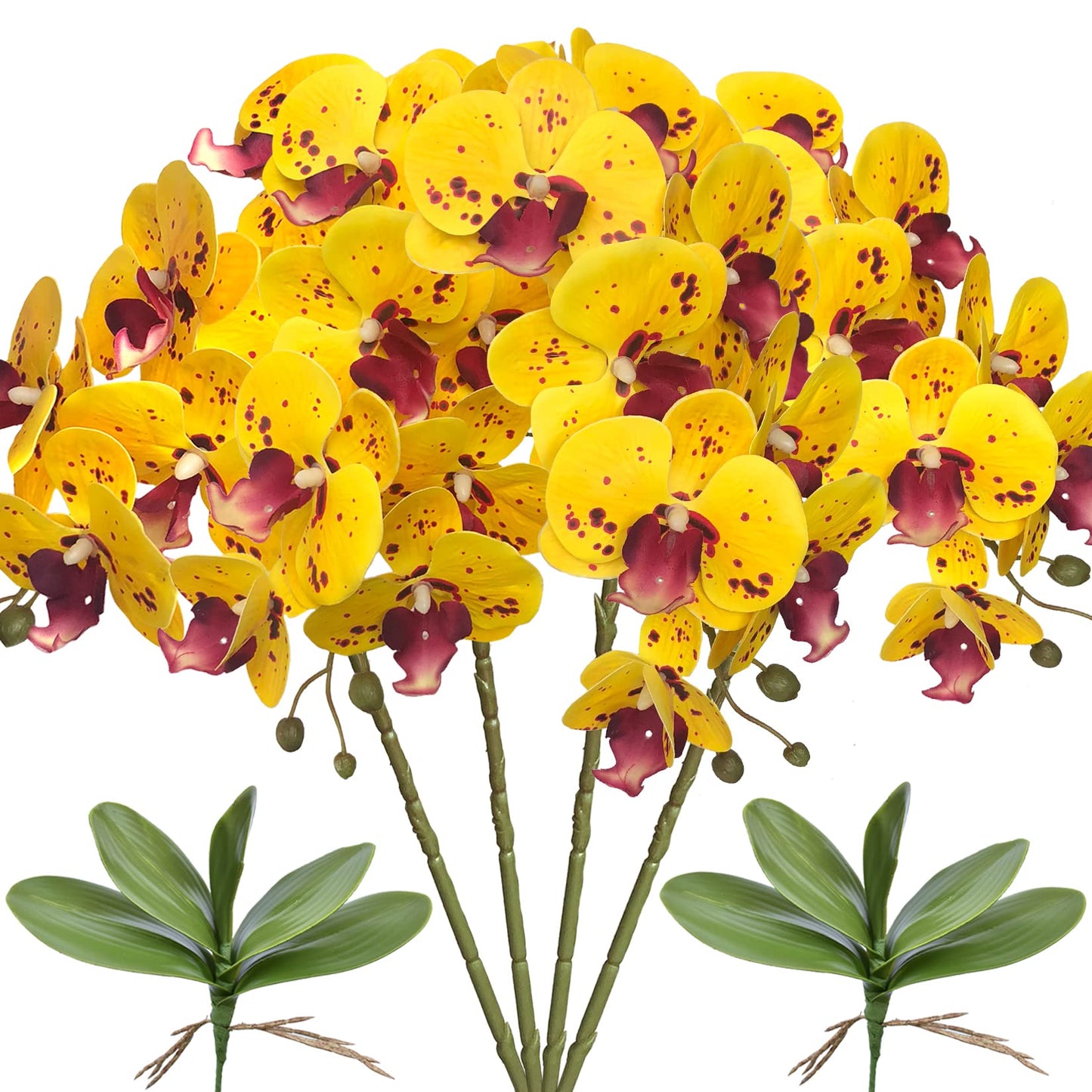 FagusHome 32" Artificial Phalaenopsis Flowers 4 Pcs with 2 Bundles Leaves Artificial Orchid Flowers Stem Plants Fake Butterfly Phalaenopsis Flowers for Home Wedding Party Décor (Yellow)