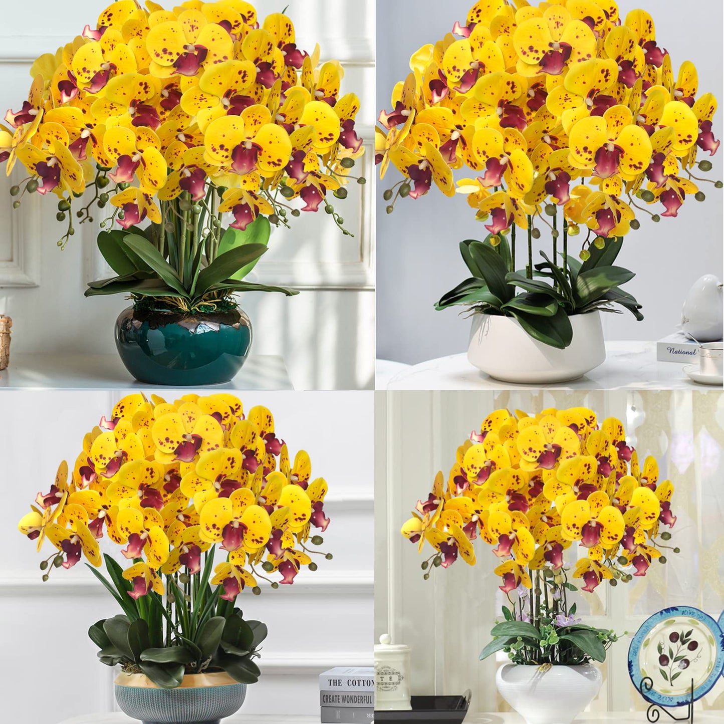 FagusHome 32" Artificial Phalaenopsis Flowers 4 Pcs with 2 Bundles Leaves Artificial Orchid Flowers Stem Plants Fake Butterfly Phalaenopsis Flowers for Home Wedding Party Décor (Yellow)