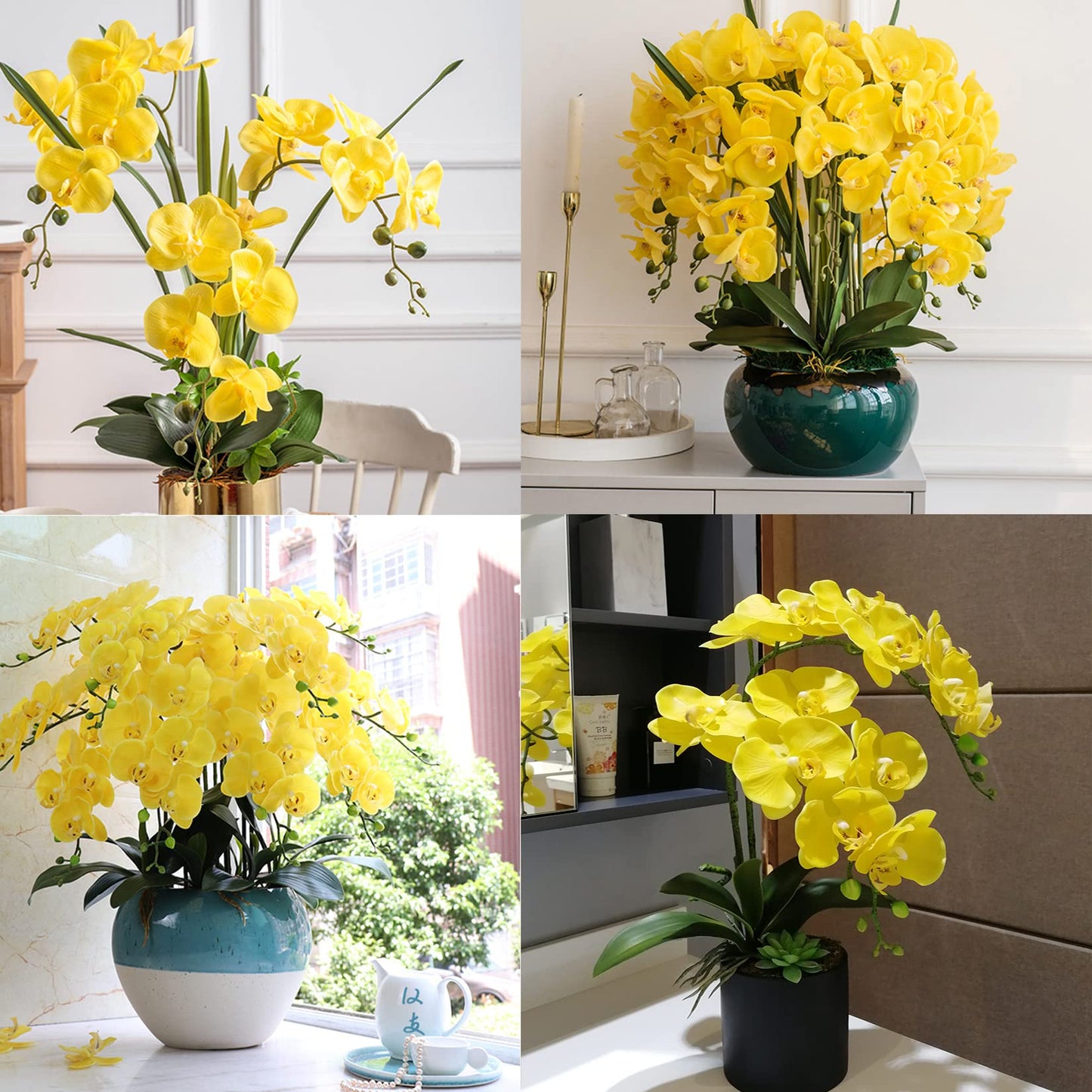 FagusHome 32" Artificial Phalaenopsis Flowers 4 Pcs with 2 Bundles Leaves Artificial Orchid Flowers Stem Plants Fake Butterfly Phalaenopsis Flowers for Home Wedding Party Décor (Yellow)