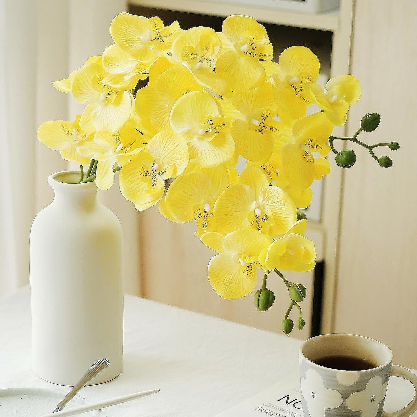 JEVA 1pack Artificial Orchid Flower Artificial Yellow Phalaenopsis Orchid Flower Arrangements Faux Orchid Flower in Gold Pot Orchid Centerpiece for Dining Room Table