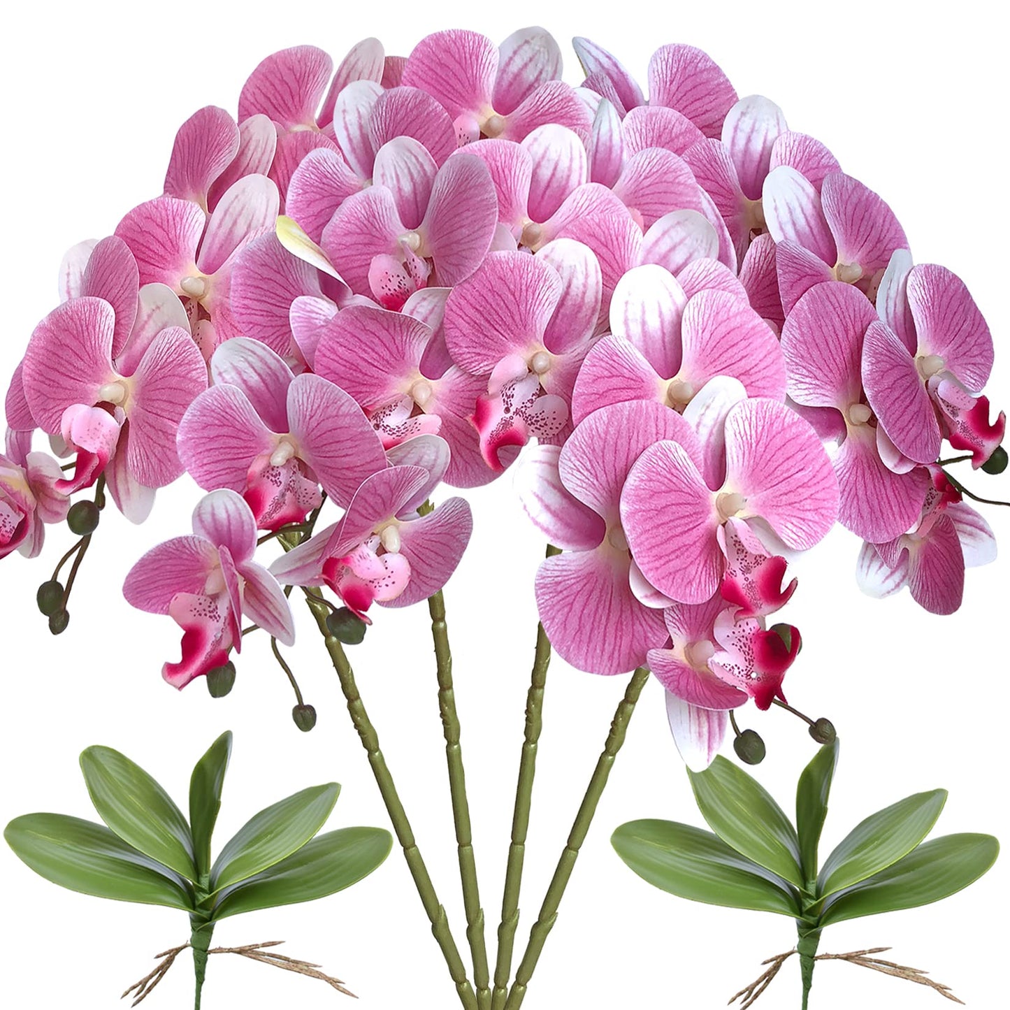 FagusHome 32" Artificial Phalaenopsis Flowers 4 Pcs with 2 Bundles Leaves Artificial Orchid Flowers Stem Plants Fake Butterfly Phalaenopsis Flowers for Home Wedding Party Décor (Yellow)