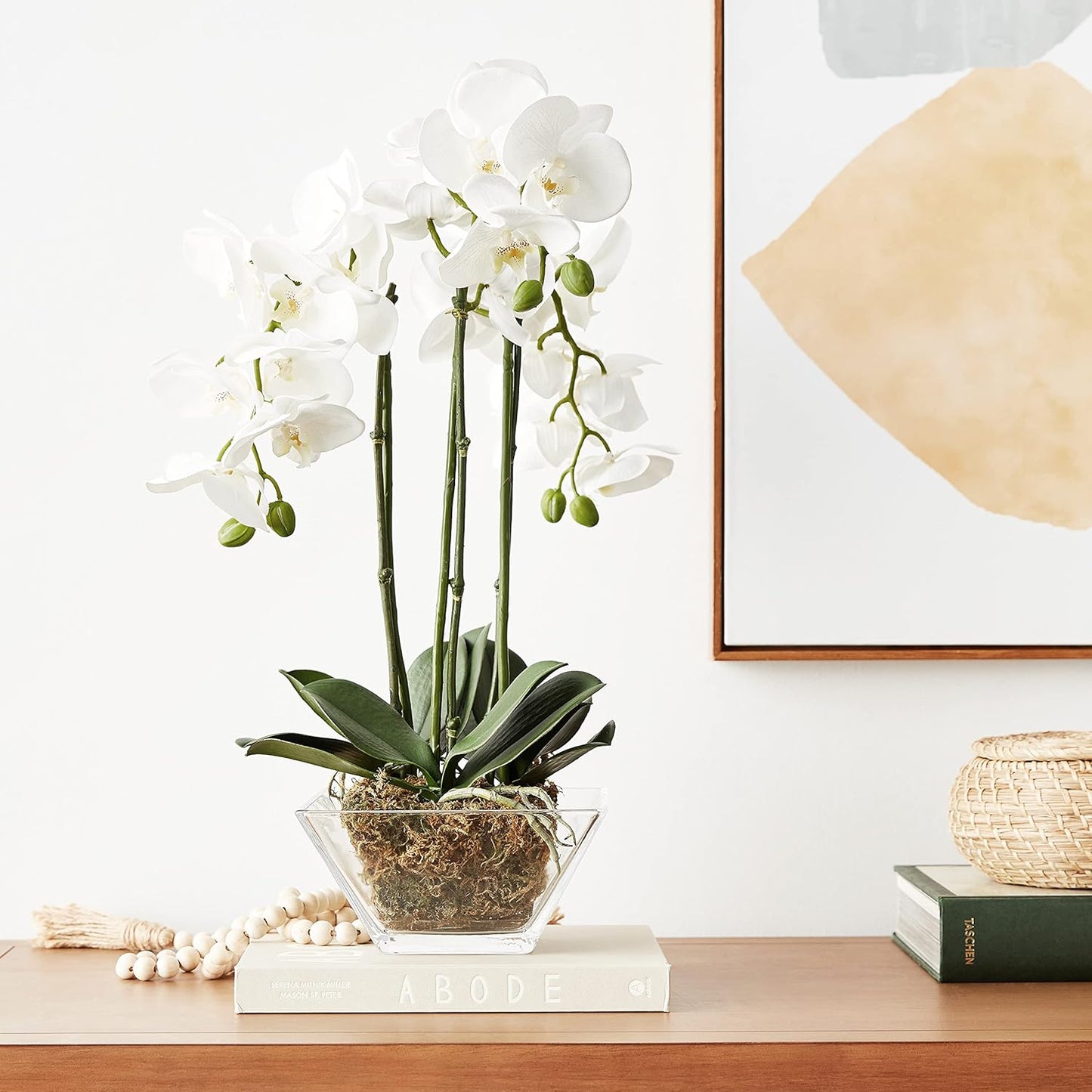 Nearly Natural 4570 Triple Phalaenopsis Orchid in Glass Vase,Green/White