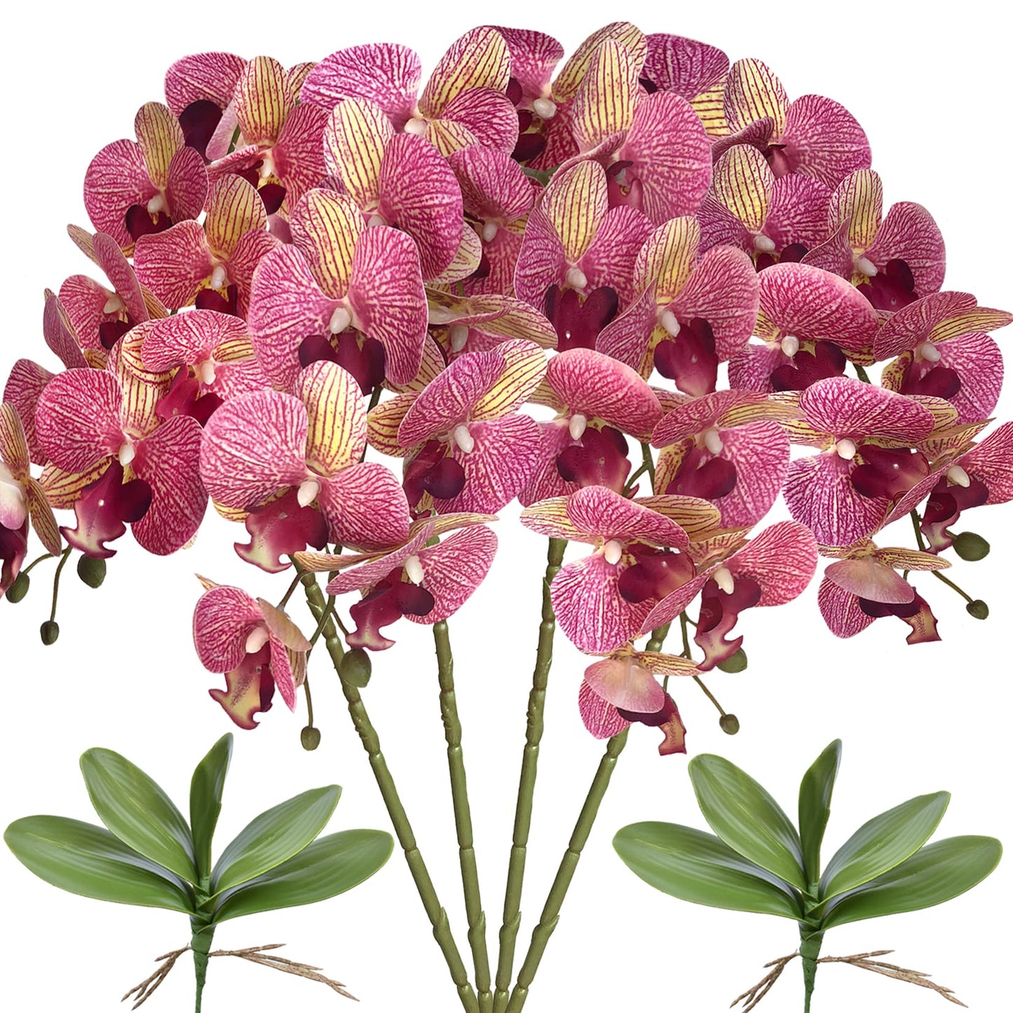 FagusHome 32" Artificial Phalaenopsis Flowers 4 Pcs with 2 Bundles Leaves Artificial Orchid Flowers Stem Plants Fake Butterfly Phalaenopsis Flowers for Home Wedding Party Décor (Yellow)