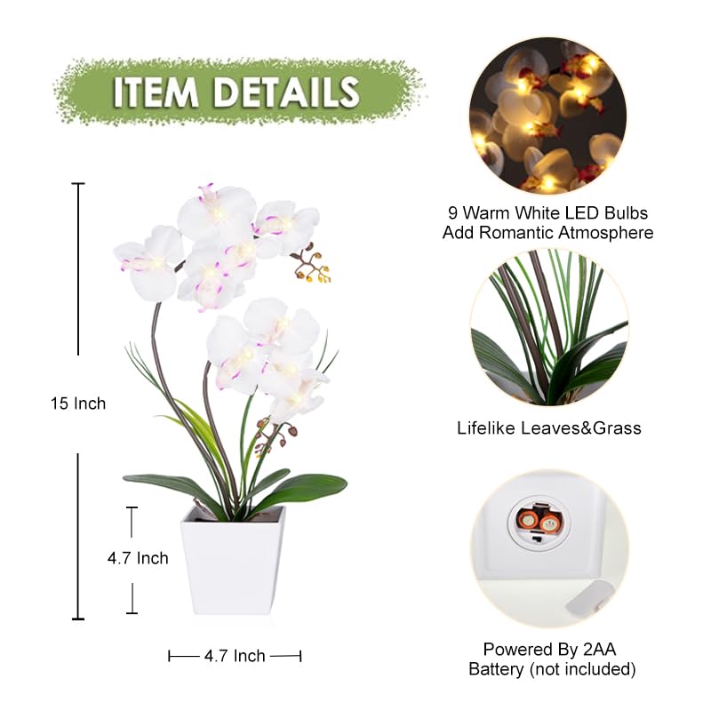 Homeseaons Orchid Lamp-LED Lighted Orchid Arrangements,Pre Lit Artificial Orchid,Light Up Flower Lights, Faux Orchid Phalaenopsis Arrangement (White)