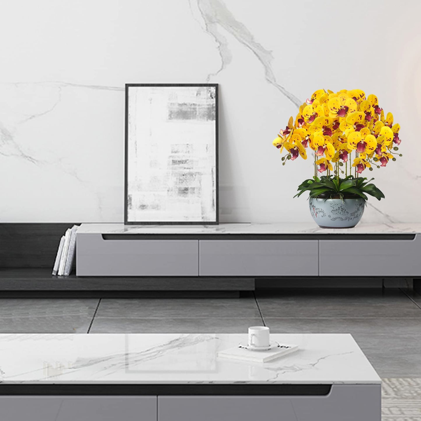 FagusHome 32" Artificial Phalaenopsis Flowers 4 Pcs with 2 Bundles Leaves Artificial Orchid Flowers Stem Plants Fake Butterfly Phalaenopsis Flowers for Home Wedding Party Décor (Yellow)