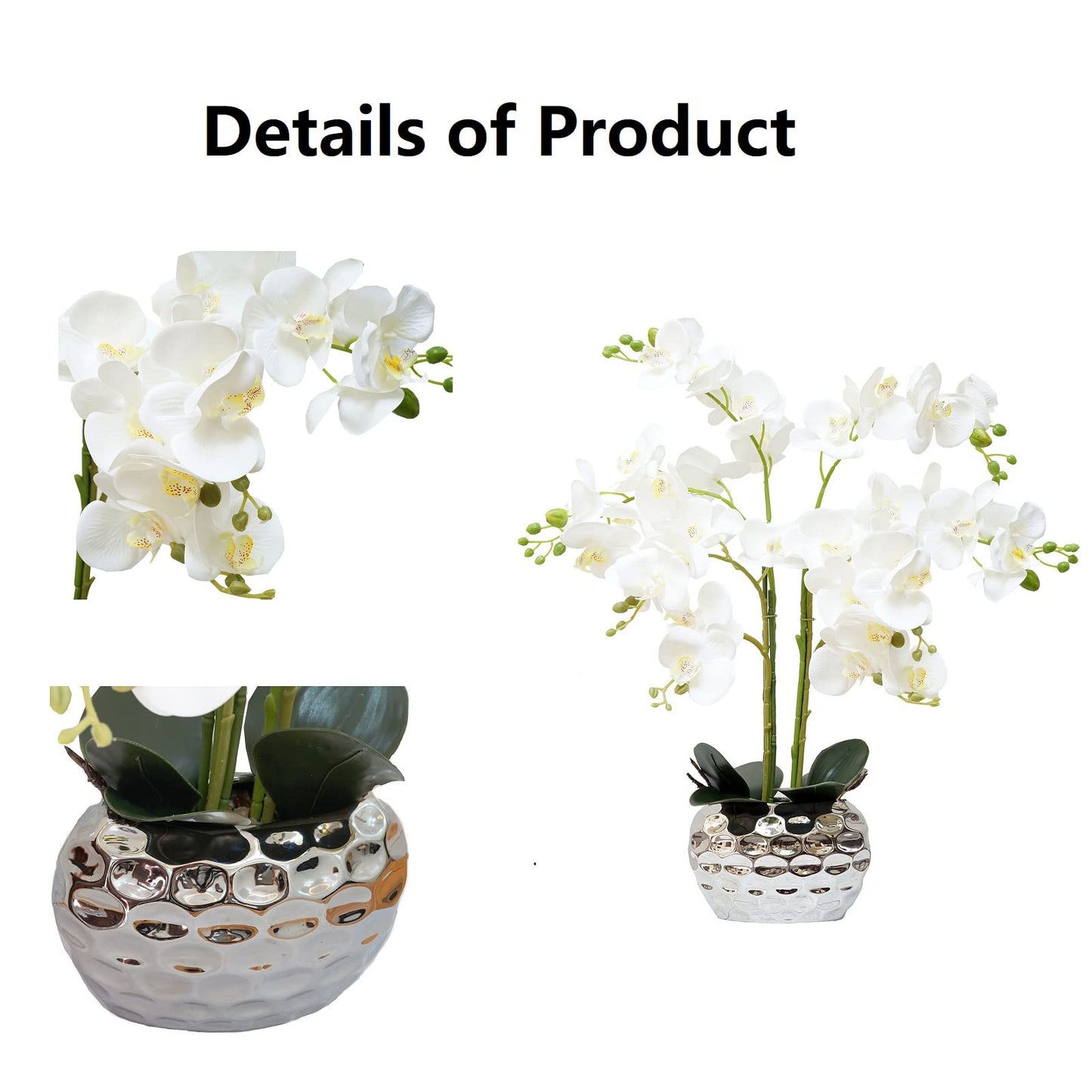Orchid Artificial Flowers for Home Decor, Faux Orchids with Silver Vase Phalaenopsis Fake Flowers Real Touch Flowers Plants White Orquideas Arrangements in Pot Table Centerpiece Decoration
