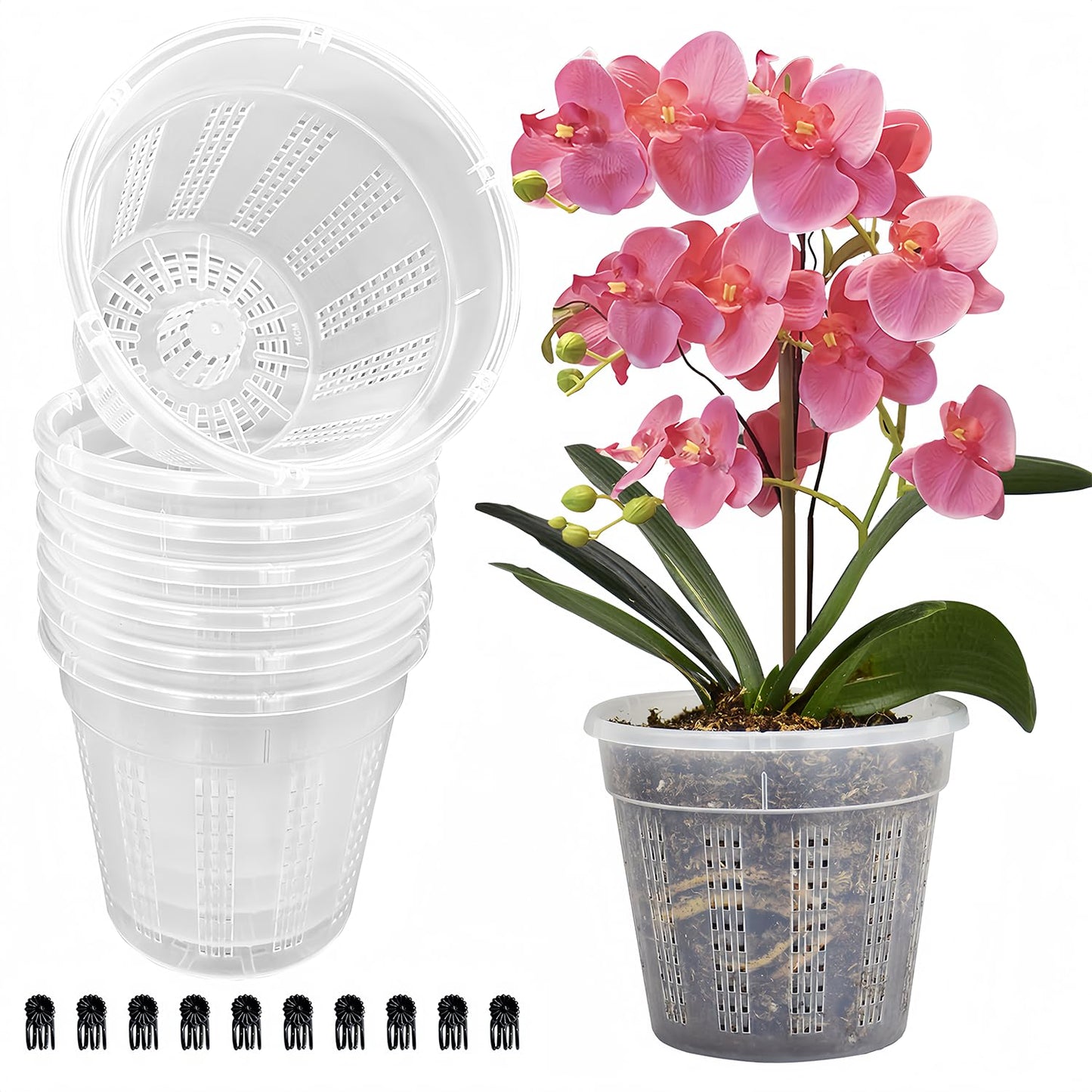8 Pack Orchid Pot, 4.5in Orchid Pots with Holes, Orchid Pots for Repotting with Clips, Clear Plastic Plant Pot for Indoor Outdoor Plants（4.5in, 8 Pack）