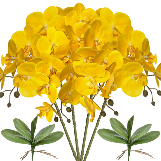 FagusHome 32" Artificial Phalaenopsis Flowers 4 Pcs with 2 Bundles Leaves Artificial Orchid Flowers Stem Plants Fake Butterfly Phalaenopsis Flowers for Home Wedding Party Décor (Yellow)