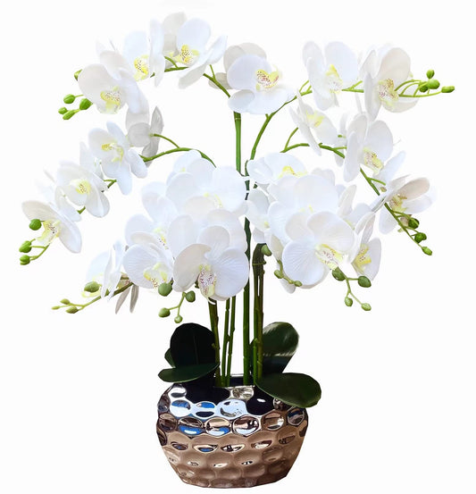 Orchid Artificial Flowers for Home Decor, Faux Orchids with Silver Vase Phalaenopsis Fake Flowers Real Touch Flowers Plants White Orquideas Arrangements in Pot Table Centerpiece Decoration