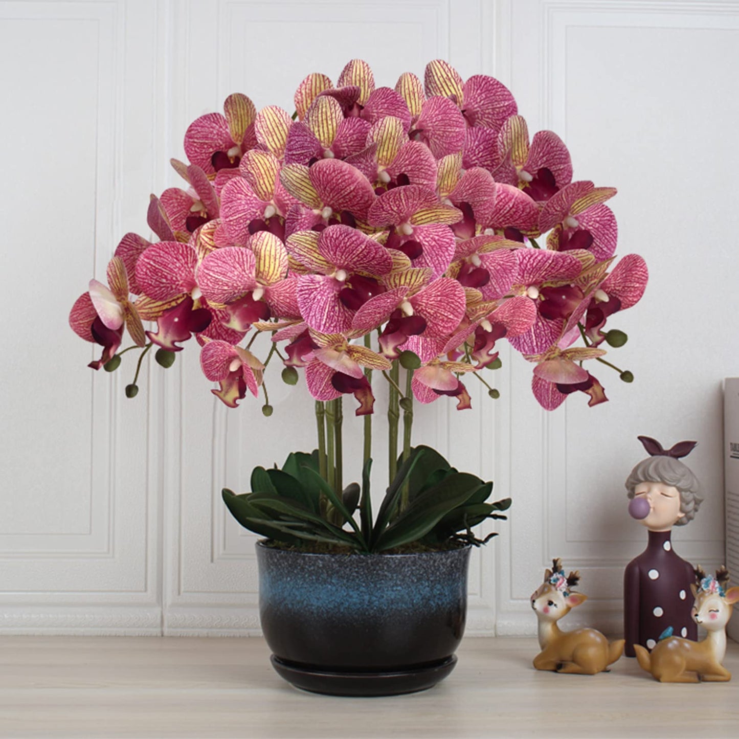 FagusHome 32" Artificial Phalaenopsis Flowers 4 Pcs with 2 Bundles Leaves Artificial Orchid Flowers Stem Plants Fake Butterfly Phalaenopsis Flowers for Home Wedding Party Décor (Yellow)