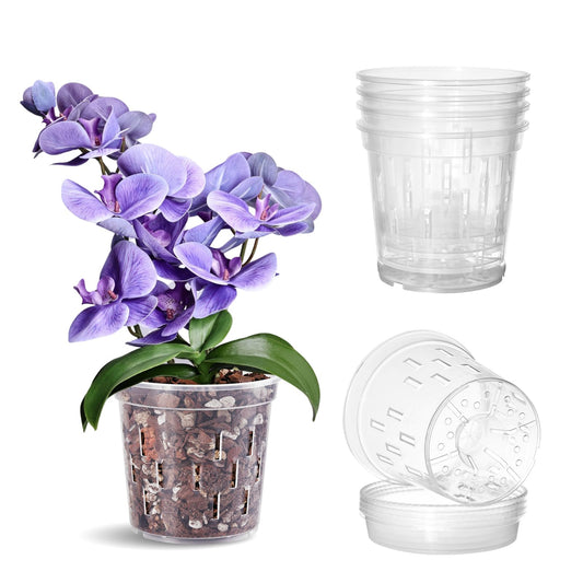 TRUEDAYS 4 Pack Orchid Pot with Saucers Garden Pot 5 Inch Clear Plastic Plant Pots with Drainage Holes for Indoor Outdoor Plants