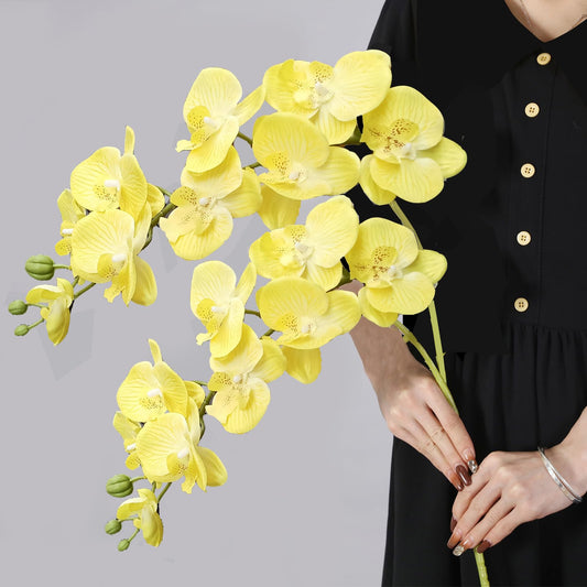 JEVA 1pack Artificial Orchid Flower Artificial Yellow Phalaenopsis Orchid Flower Arrangements Faux Orchid Flower in Gold Pot Orchid Centerpiece for Dining Room Table